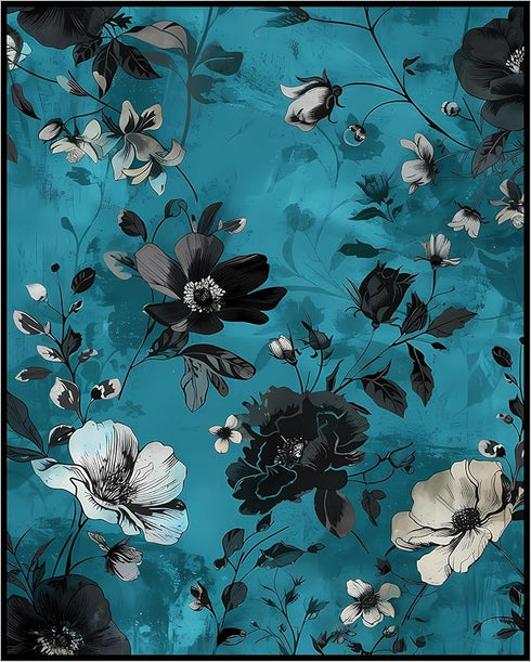 Posterizer 1 pcs-white and black dainty flowers with blue background-Floral & Botanical Art-Abstract & Modern Art-Decor for Home & Office- UNFRAME...